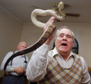 Junior McCormick tests his faith by handling a rattlesnake as Homer Browing looks on during services at the Church of the Lord Jesus in Kingston, Ga. (AP Photo/John Bazemore)