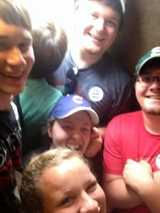 Crammed into an RV bathroom with most of our siblings